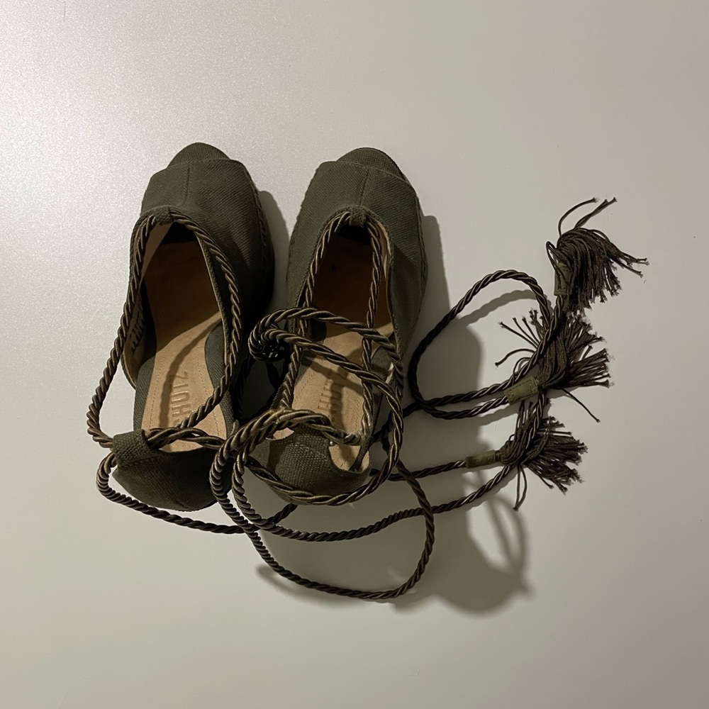 Schutz canvas rope-tie wedge sandals olive green shoes - Picture 2 of 5